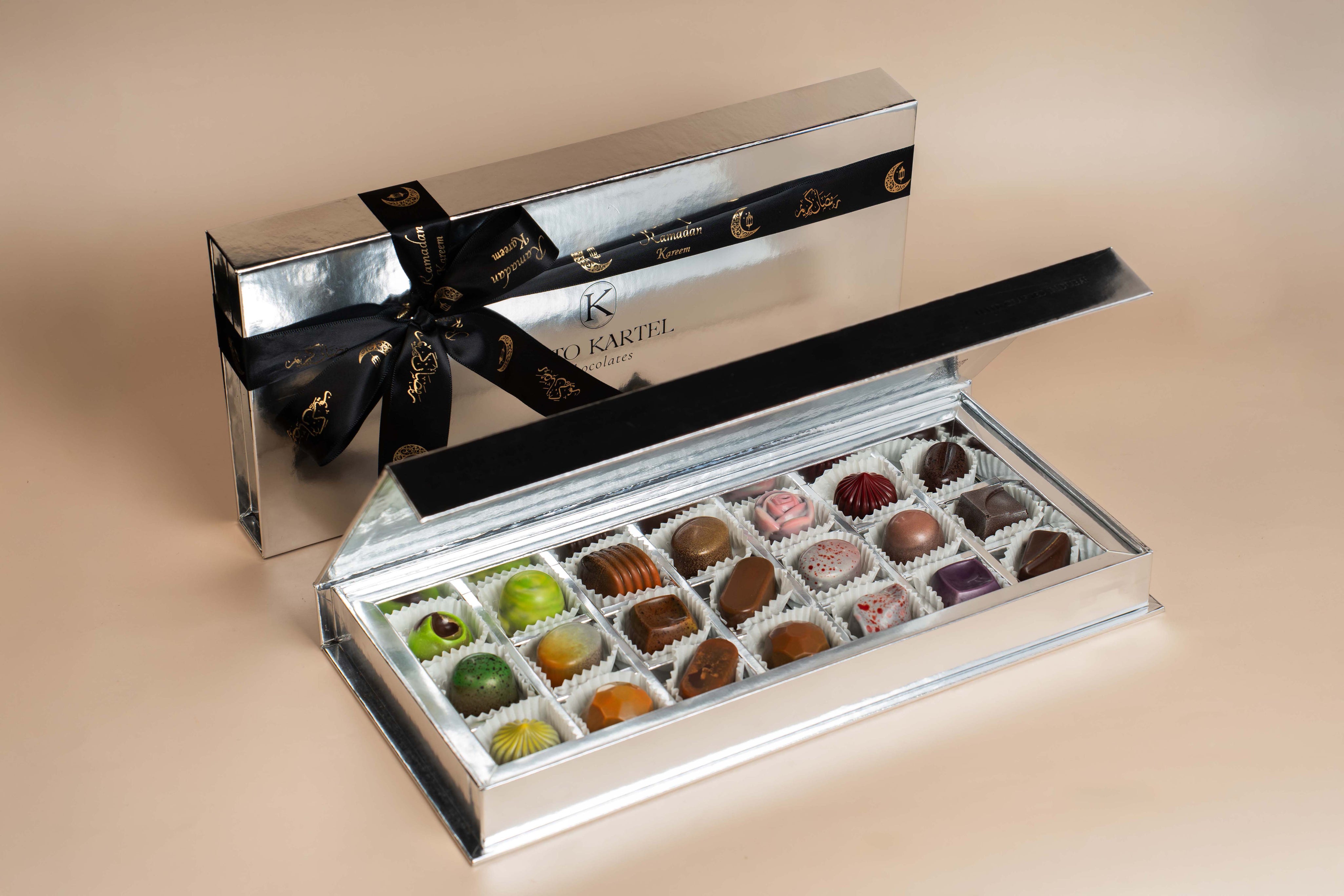 Silver box with 21 chocolates