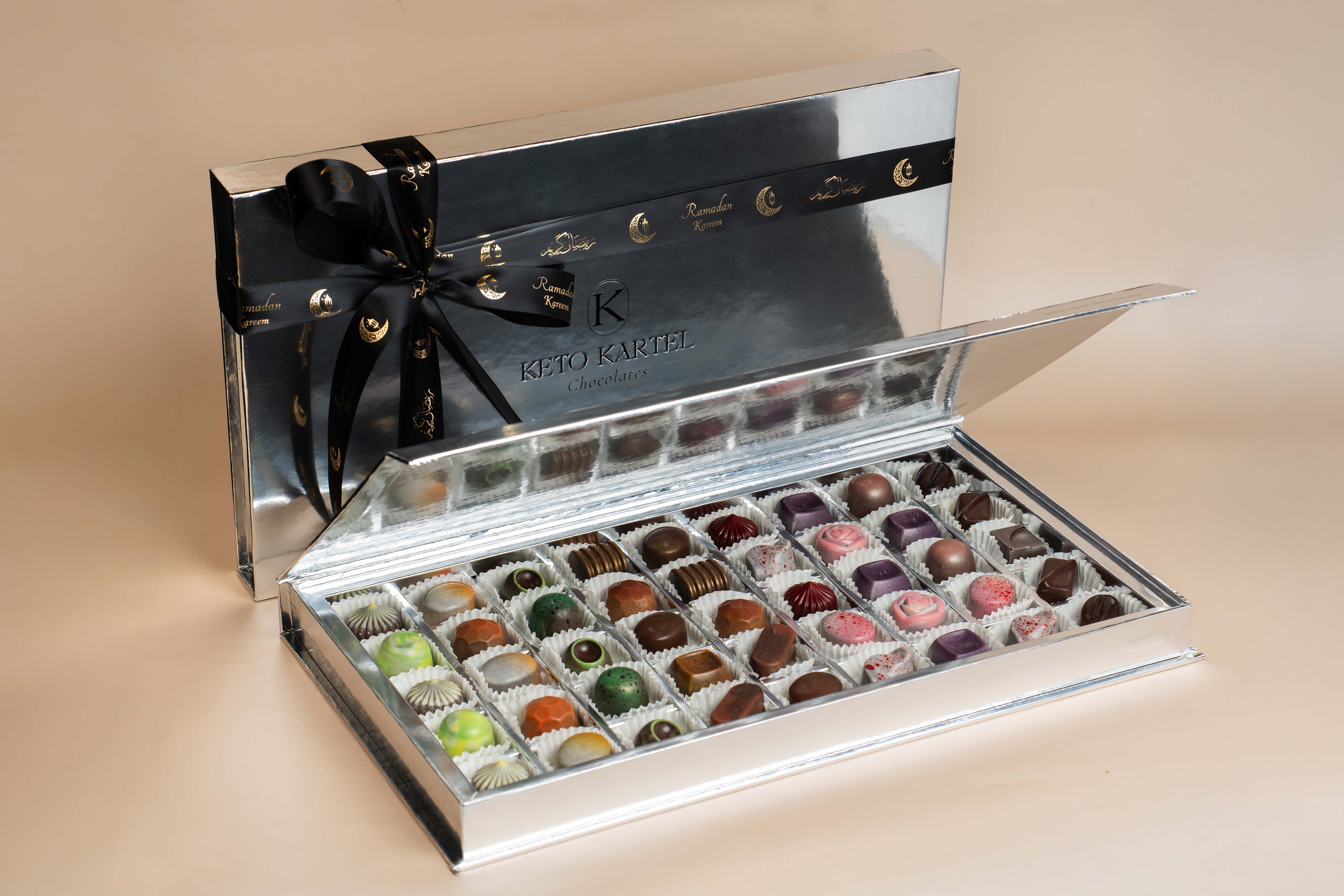 Silver box with 45 chocolates